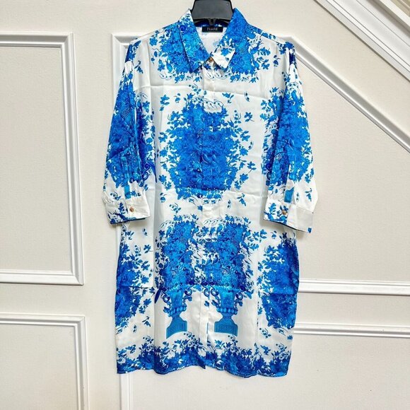 NWOT $631 FERRE Vintage Floral Print Blue Mini Shirt Dress Size IT50 - Picture 3 of 12